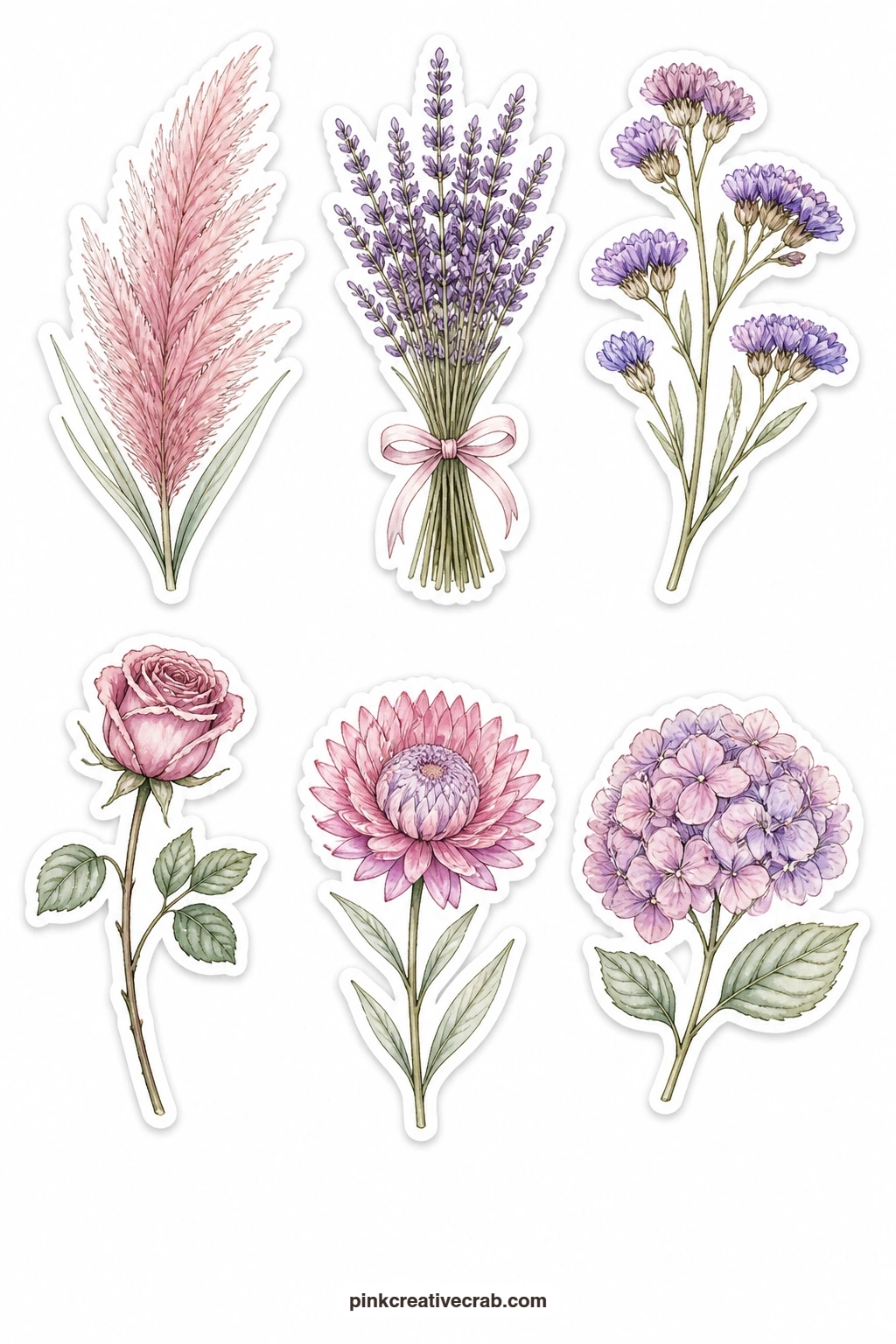 Dried Flowers Stickers printable page — A pampas plume, a dried lavender bundle, a statice sprig, a dried rose, a strawflower and a dried hydrangea bring a
