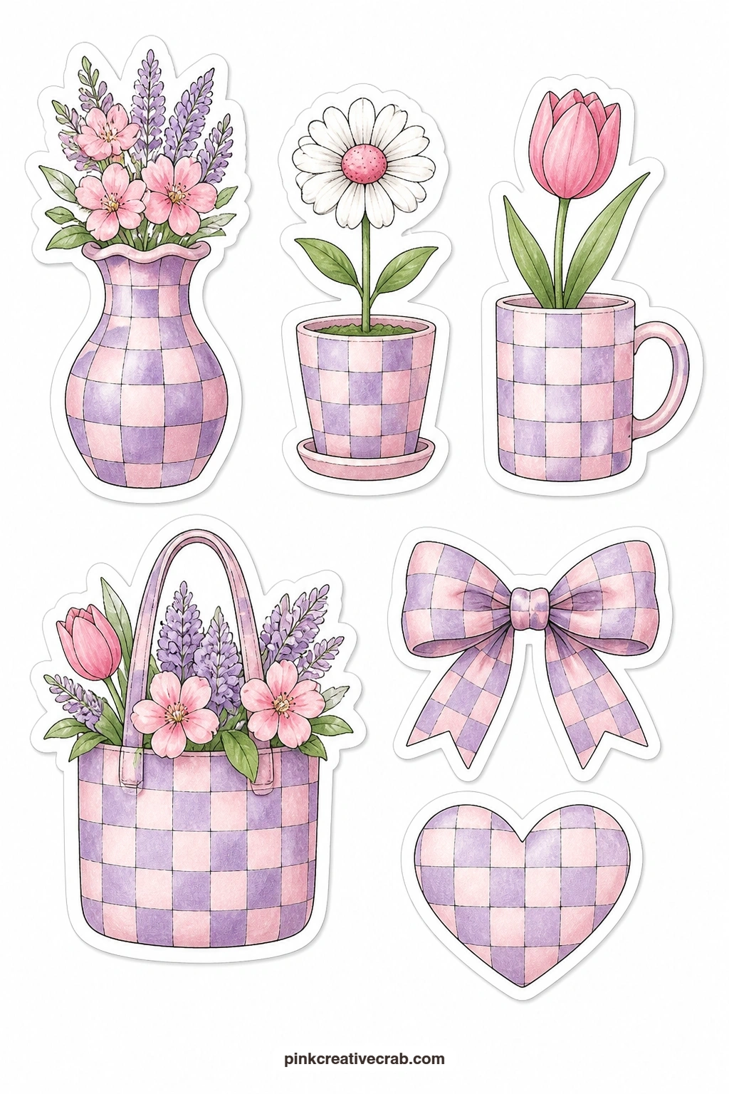 Checkered And Flowers Stickers printable page — A checkered vase, a checkered pot with a daisy, a checkered mug with a tulip, a checkered tote with flowers, a