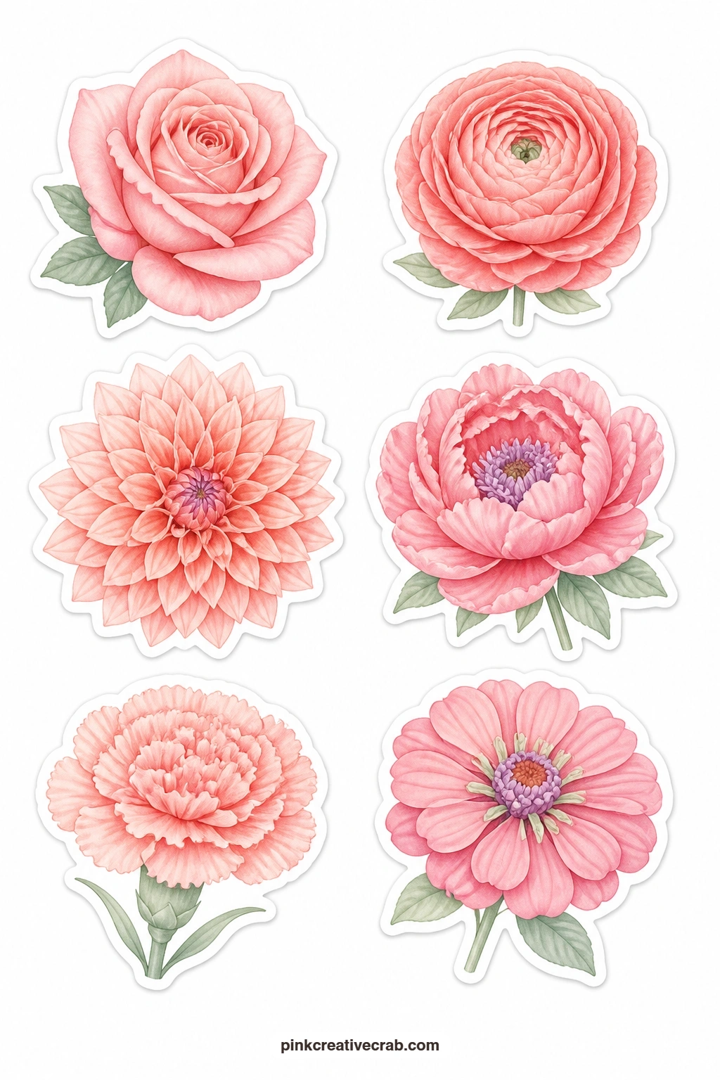 Peach And Coral Flowers Stickers printable page — A peach rose, a coral ranunculus, an apricot dahlia, a coral peony, a peach carnation and a salmon zinnia