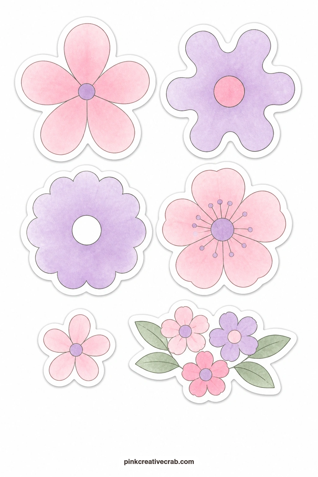 Flower Doodle Shapes Stickers printable page — A five petal flower, a groovy flower, a scalloped flower, a flower with a dot center, a tiny blossom and a