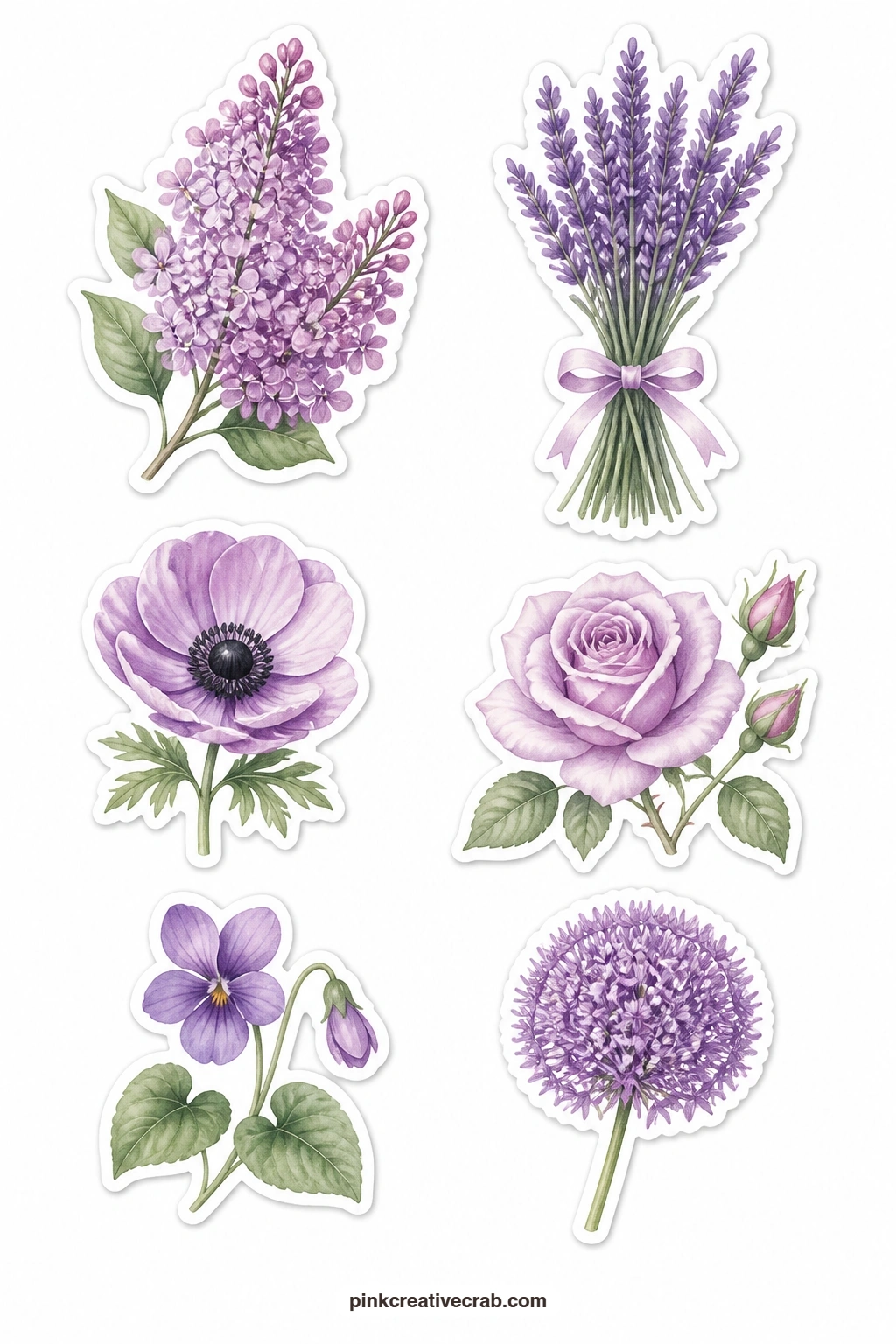 Lilac And Lavender Stickers printable page — A lilac branch, a lavender bunch, a purple anemone, a lilac rose, a sweet violet and an allium ball lean the