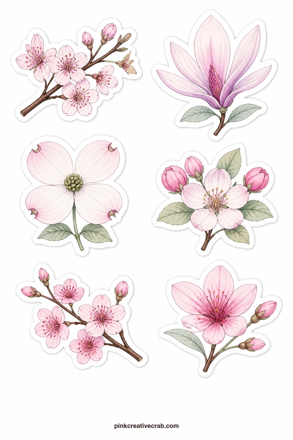 Blossoms Stickers printable page — A cherry blossom branch, a magnolia, a dogwood flower, an apple blossom, a plum blossom and a peach blossom cover nearly