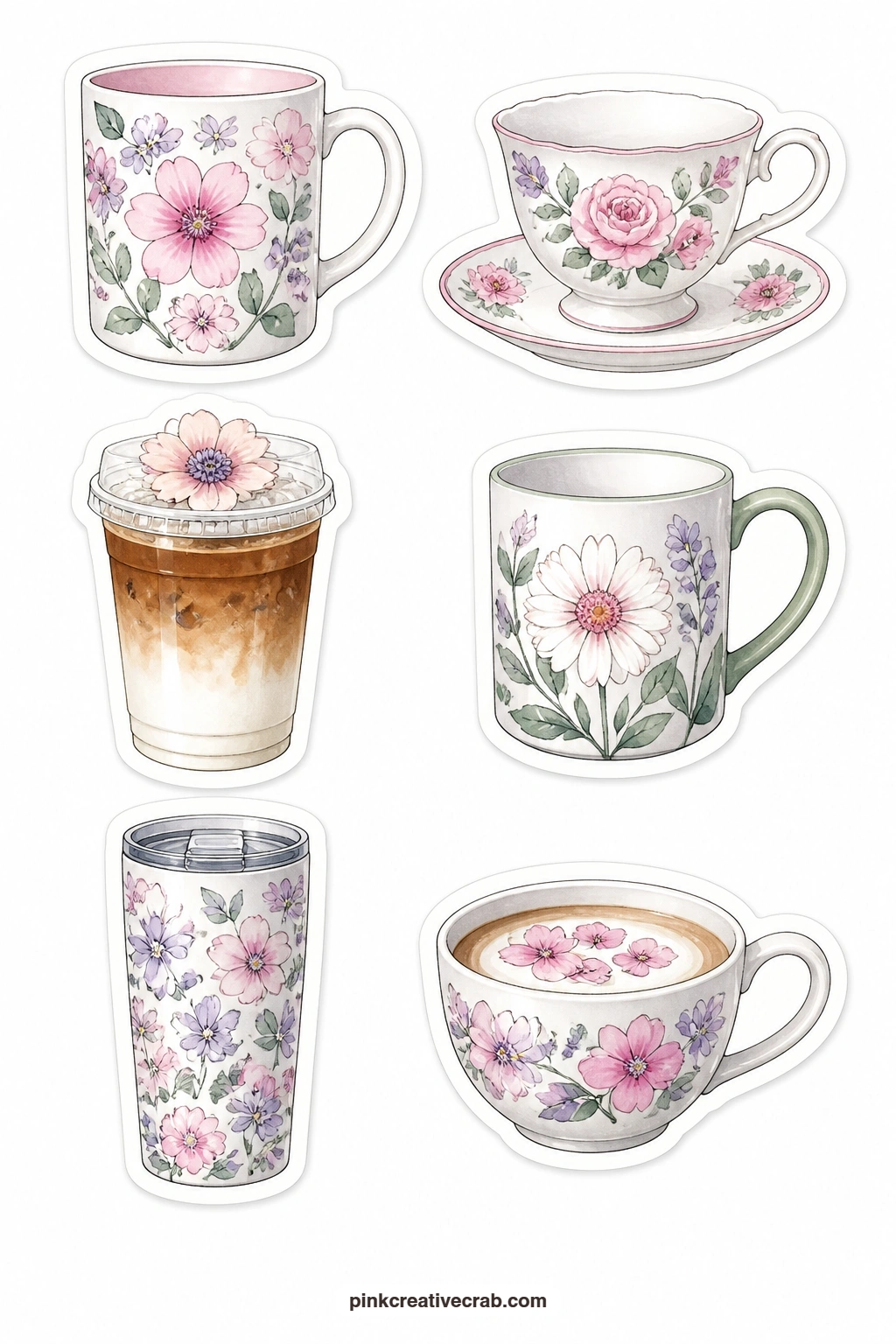 Flower Cups And Mugs Stickers printable page — A flower mug, a teacup with roses, an iced latte with a flower, a mug with a daisy, a flower tumbler and a