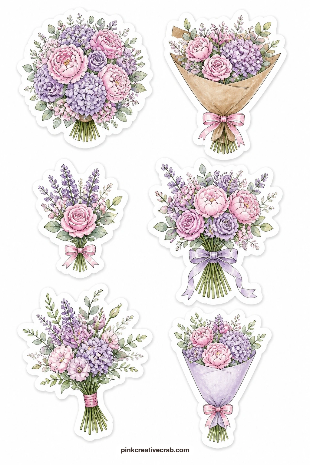 Pastel Bouquets Stickers printable page — A round bouquet, a bouquet in kraft paper, a mini posy, a bouquet with ribbon, a hand-tied bouquet and a bouquet in a