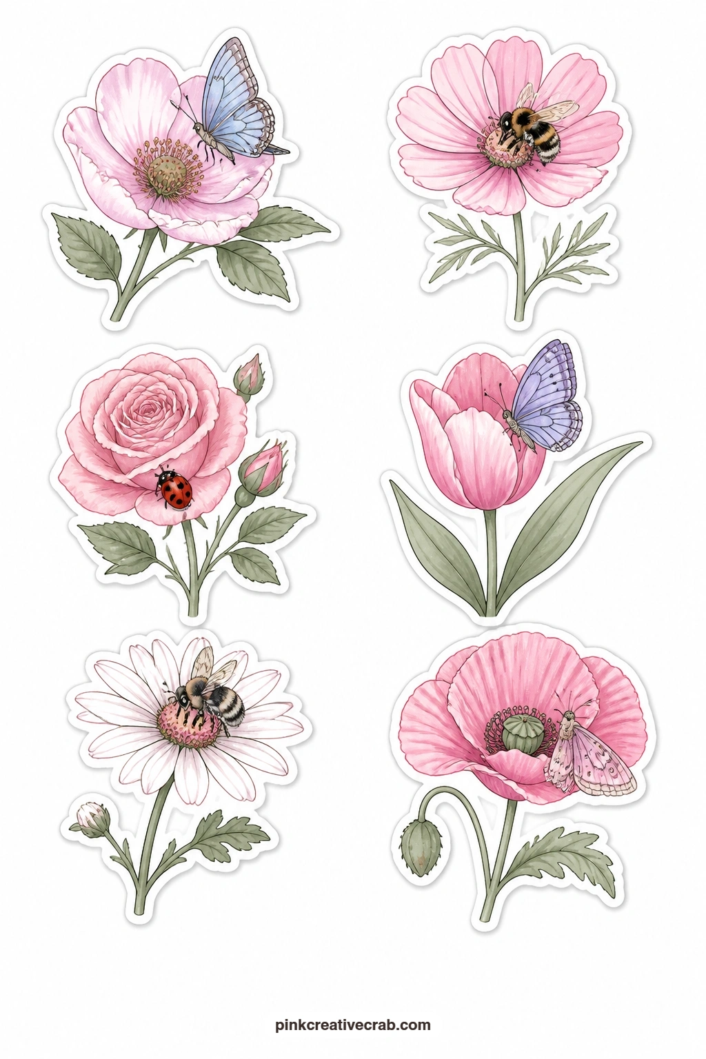 Flowers And Little Wings Stickers printable page — A flower and a blue butterfly, a pink flower with a bee, a rose with a ladybird, a tulip with a butterfly, a