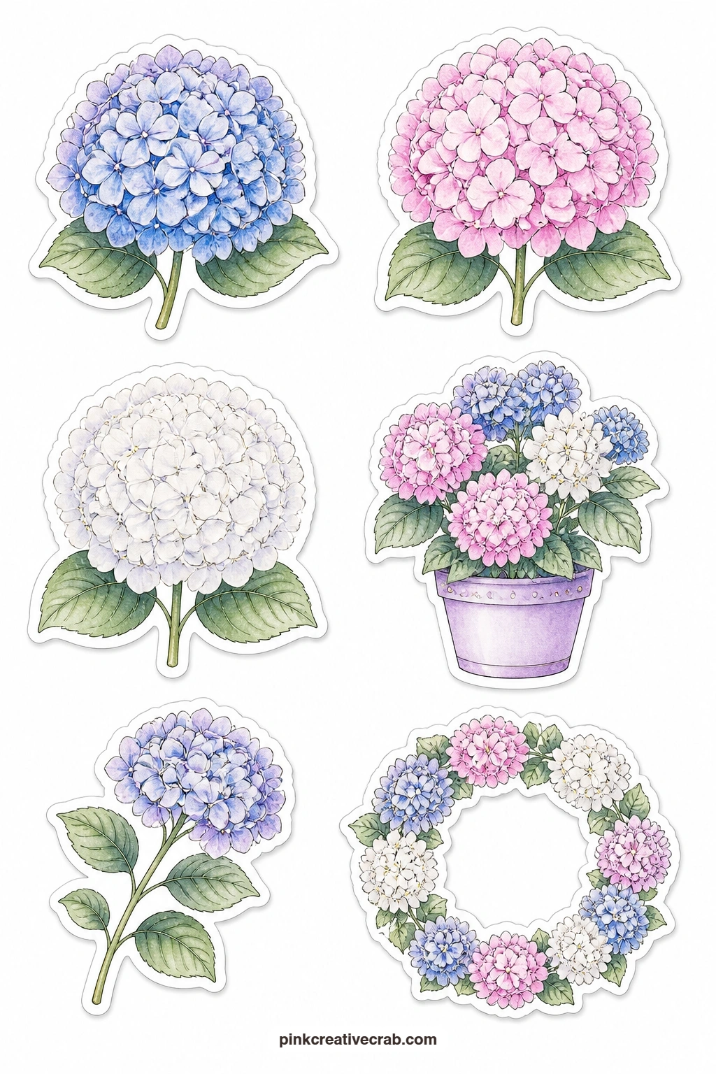 Hydrangeas Stickers printable page — A blue hydrangea, a pink hydrangea, a white hydrangea, a hydrangea in a pot, a hydrangea branch and a hydrangea wreath