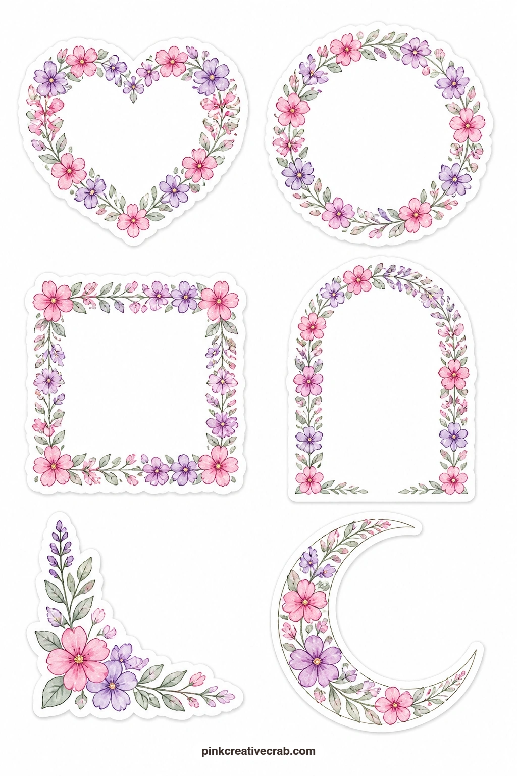 Flower Hearts And Frames Stickers printable page — A heart of flowers, a flower circle frame, a flower square frame, a flower arch, a flower corner and a