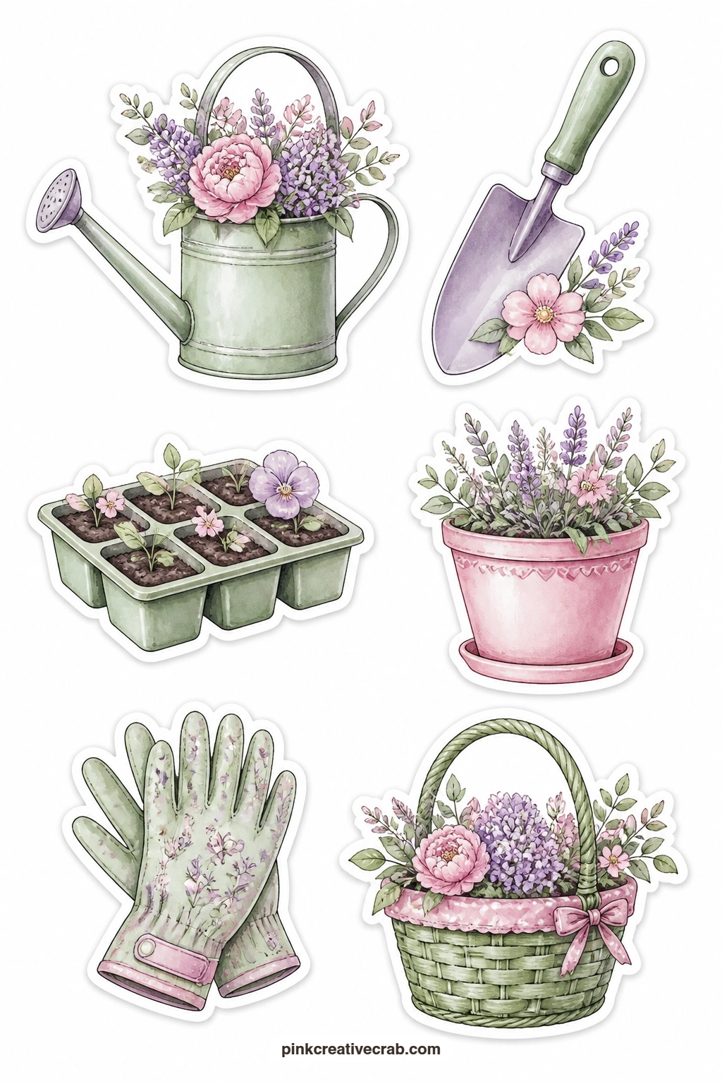 Garden Tools With Flowers Stickers printable page — A watering can, a trowel with a flower, a seed tray, a flower pot, a pair of gloves and a garden basket