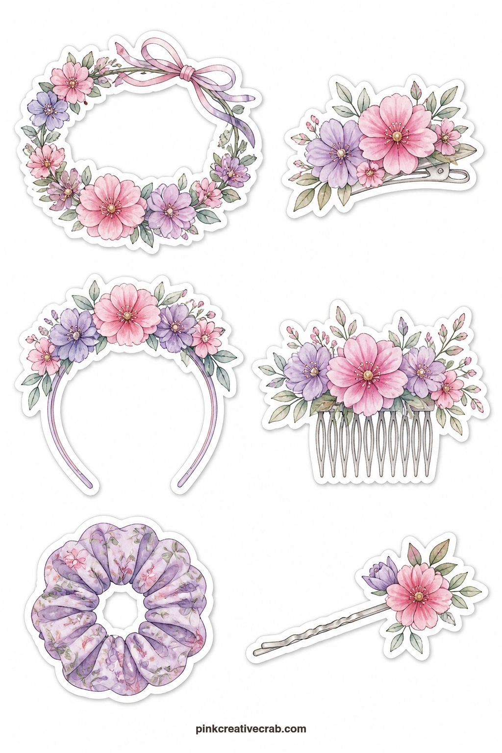 Flower Hair Pieces Stickers printable page — A flower crown, a flower hair clip, a flower headband, a flower comb, a flower scrunchie and a flower bobby pin
