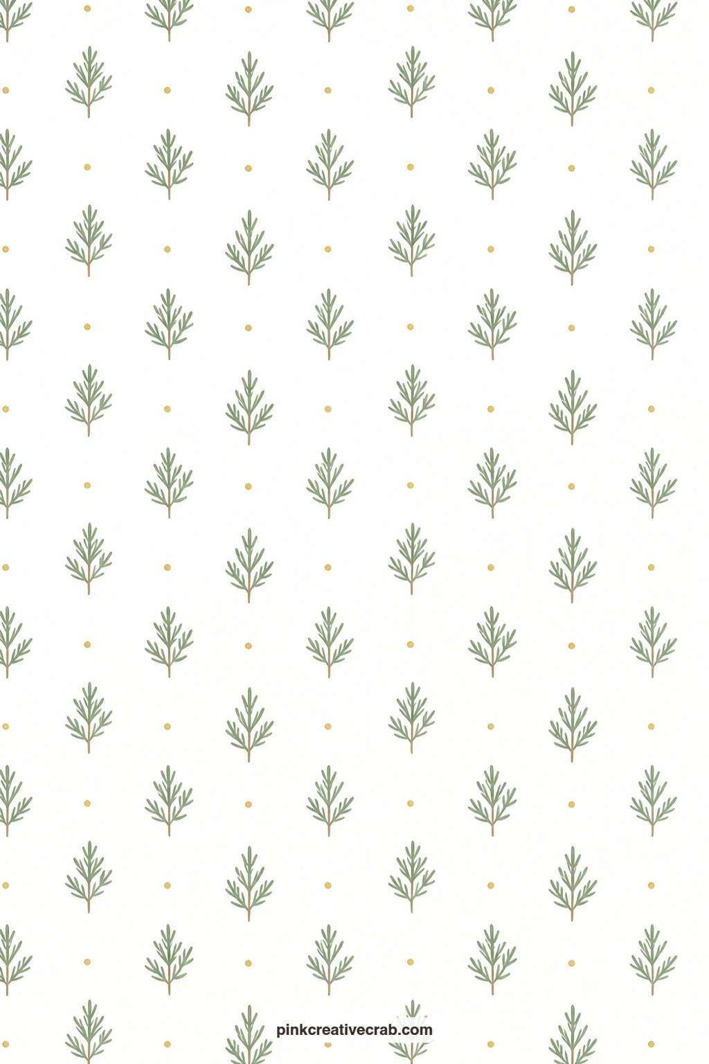 Sage Pine Sprig Dot Paper printable page — Sage green pine sprigs repeat over white with tiny gold dots scattered between them, good for lining a gift envelope