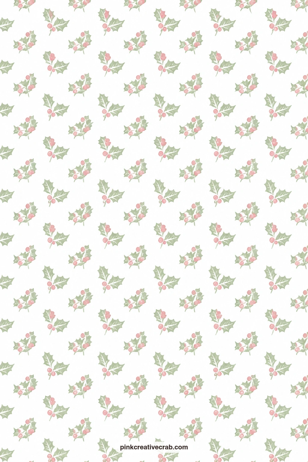 Sage and Pink Holly Sprig Paper printable page — Sage leaves and pink holly berries repeat in small sprigs over white, a quiet pairing partner for the pastel