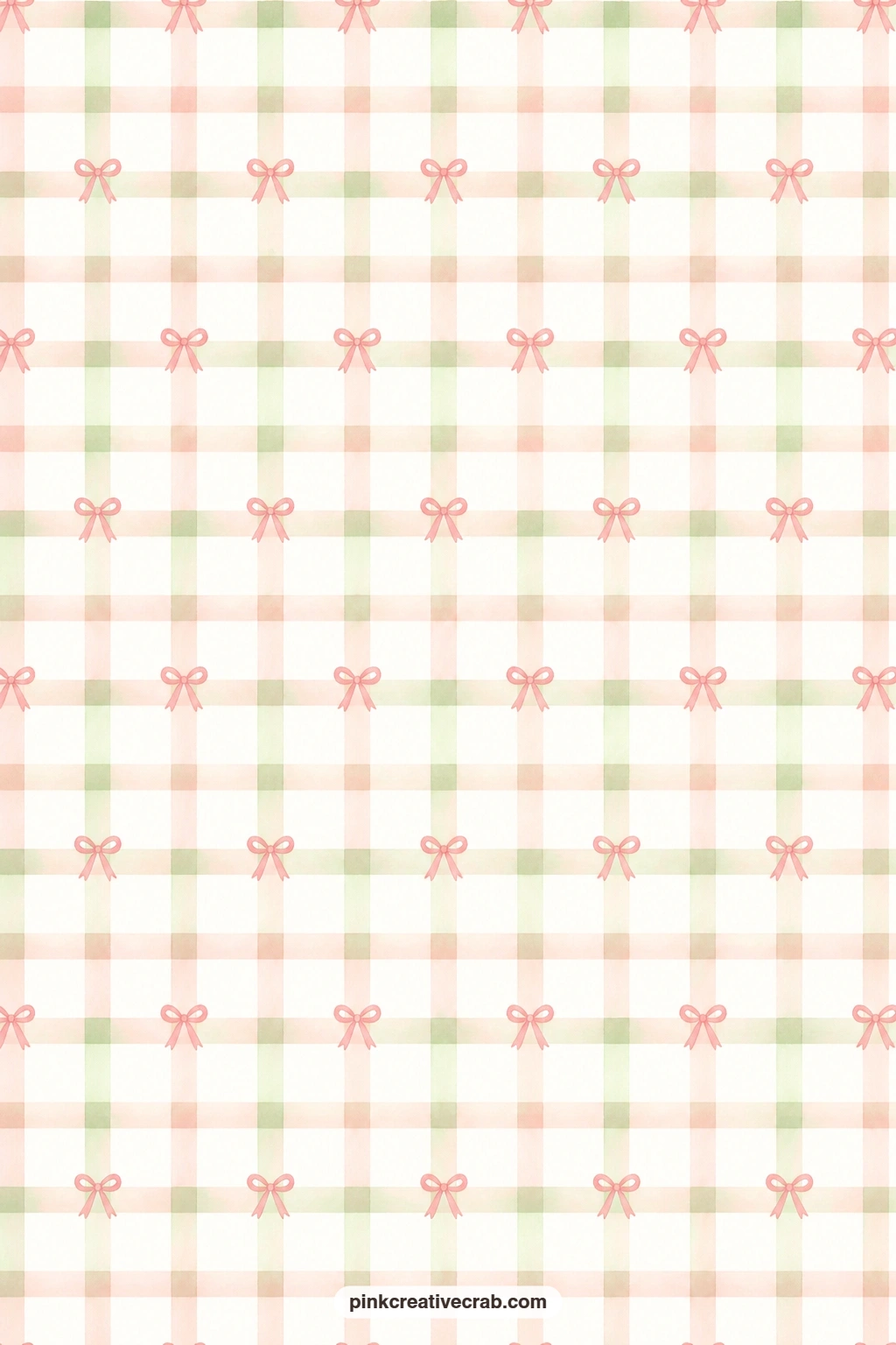 Blush Sage Gingham Bow Paper printable page — Blush and sage gingham squares carry tiny pink bows at each crossing point, a sweet mat behind a sticker or a