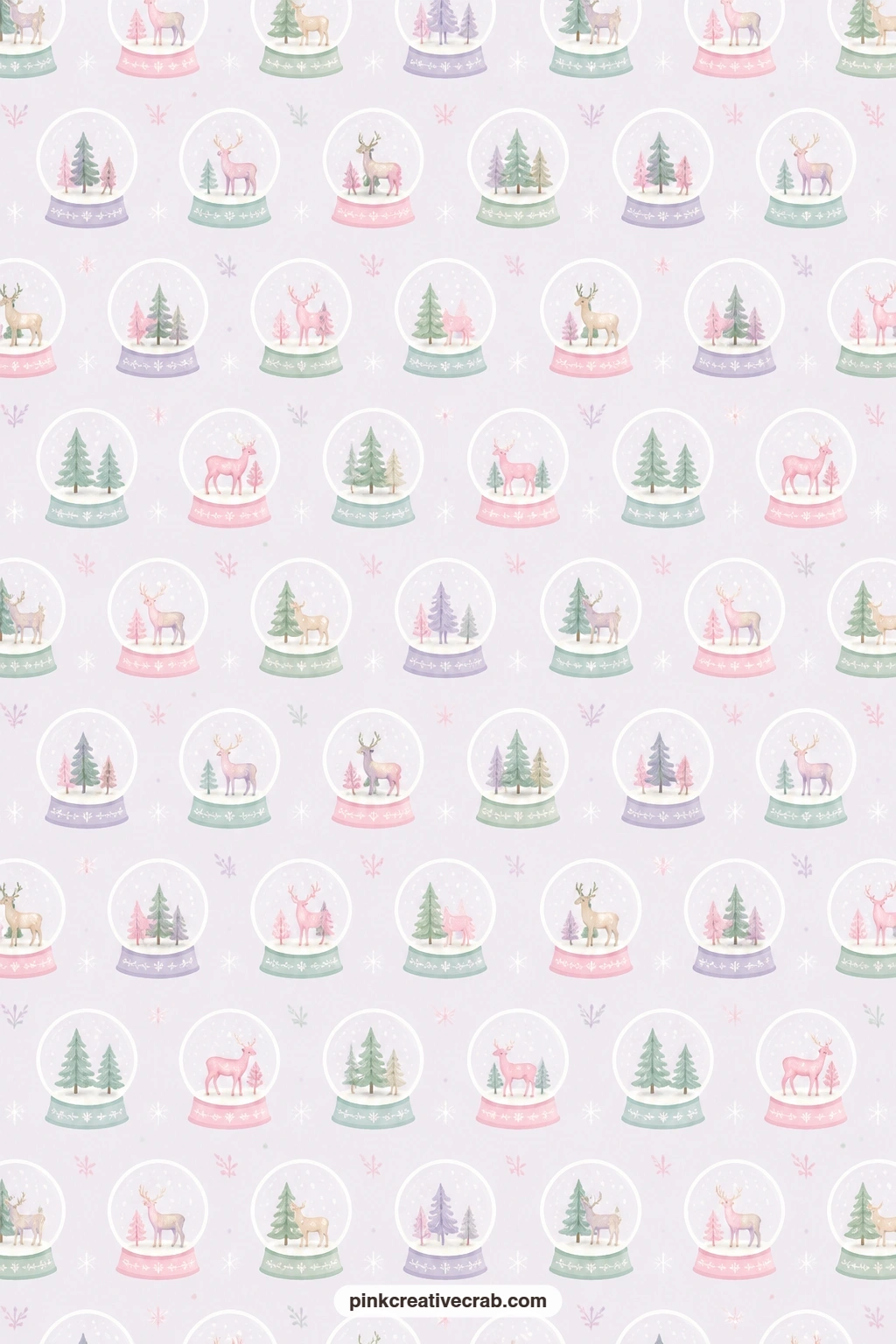 Pastel Snow Globe Paper printable page — Rows of small snow globes holding pastel trees and deer sit across pale lilac, a charming wrap for a small gift box or