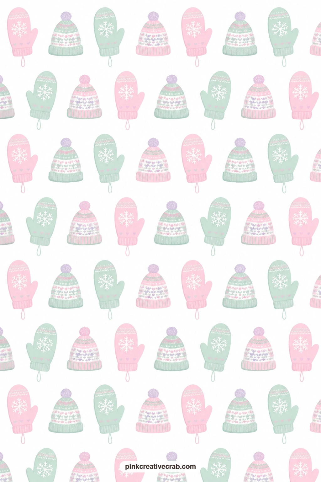 Pastel Mitten and Hat Paper printable page — Pastel mittens and knit hats repeat across white in soft rows, a cosy cover for a winter book or a folded card