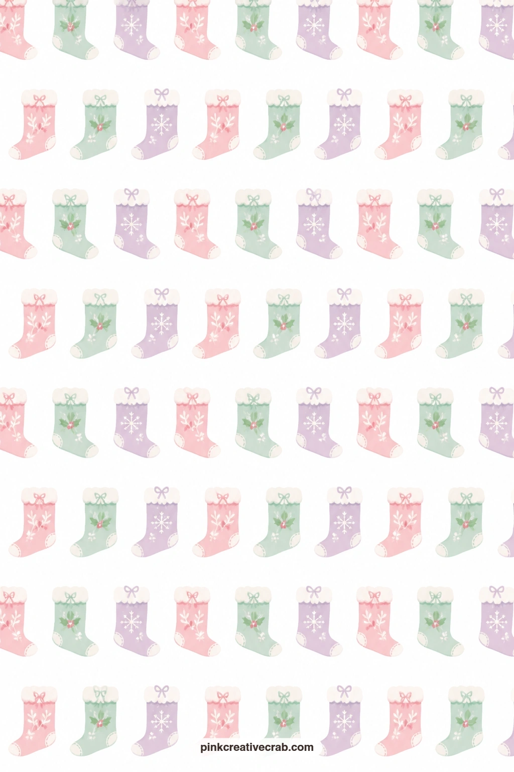 Pastel Stocking Row Paper printable page — Pastel stockings in pink, mint and lilac line up in neat rows on white, pairing nicely with the mitten and hat paper