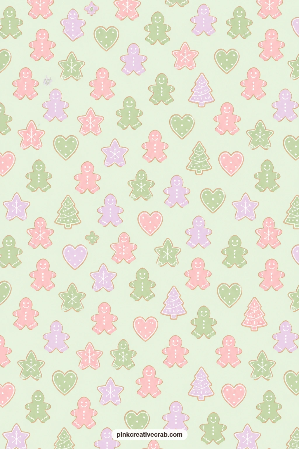 Pastel Gingerbread Cookie Paper printable page — Pastel gingerbread cookie shapes with icing details repeat over mint, a playful wrap for a small tin of