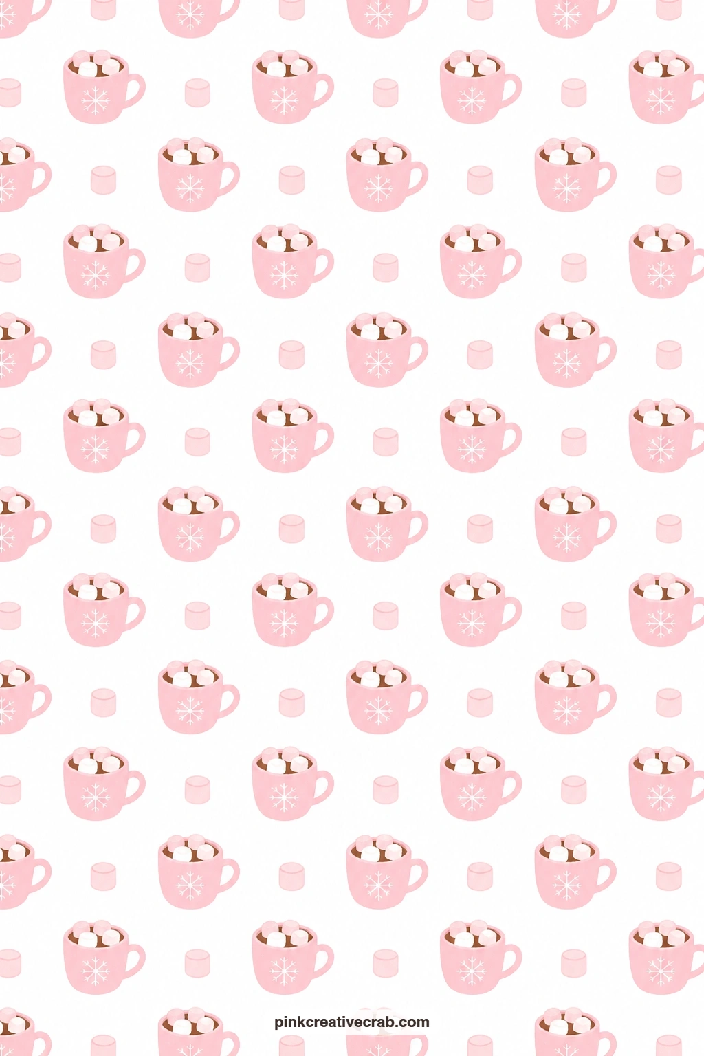 Pink Cocoa and Marshmallow Paper printable page — Pink marshmallows and small cocoa cups repeat across white, a warm base for a journal page about cosy winter