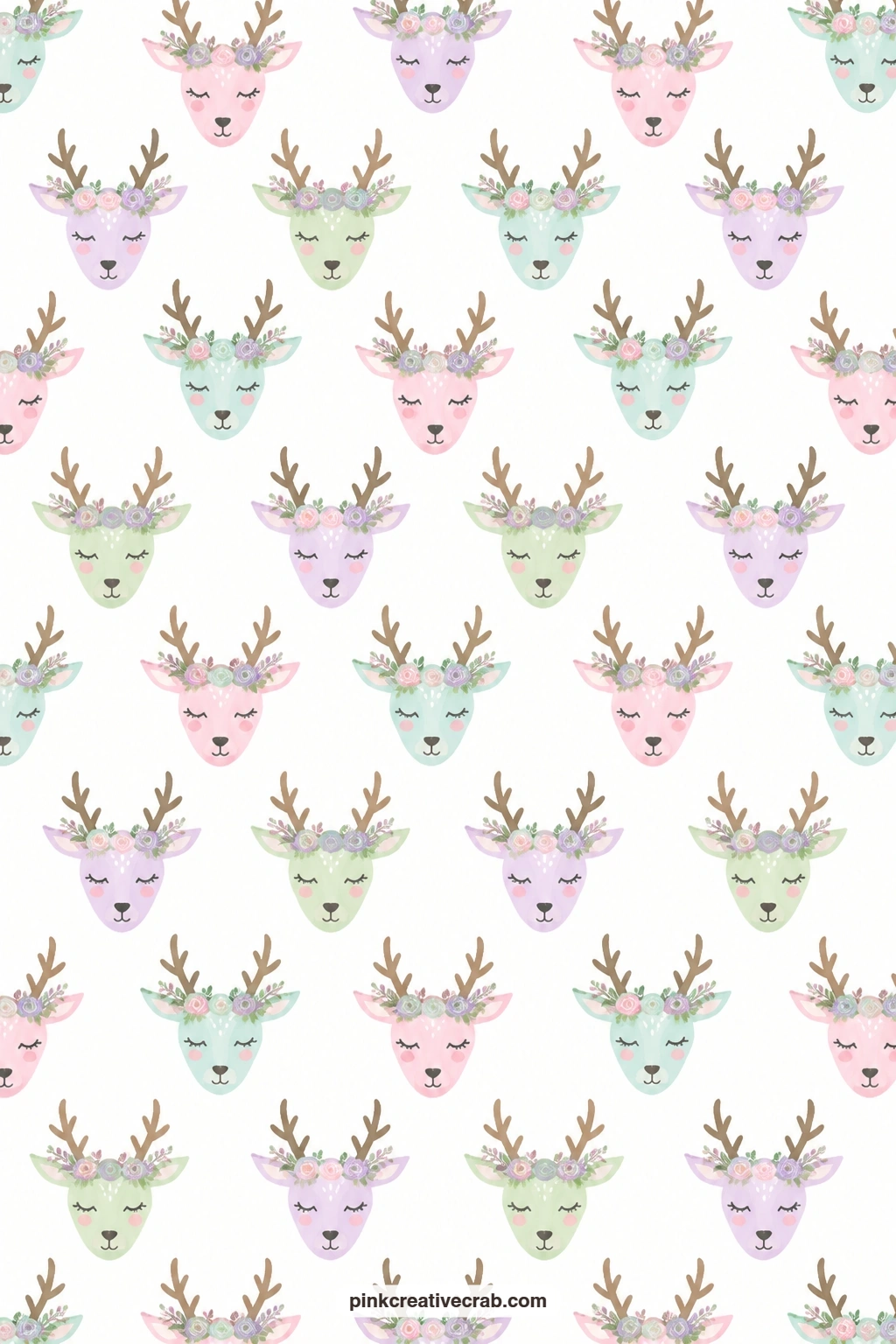 Pastel Reindeer Flower Crown Paper printable page — Pastel reindeer heads wear small flower crowns in a repeat across white, a cheerful mat behind a sticker on