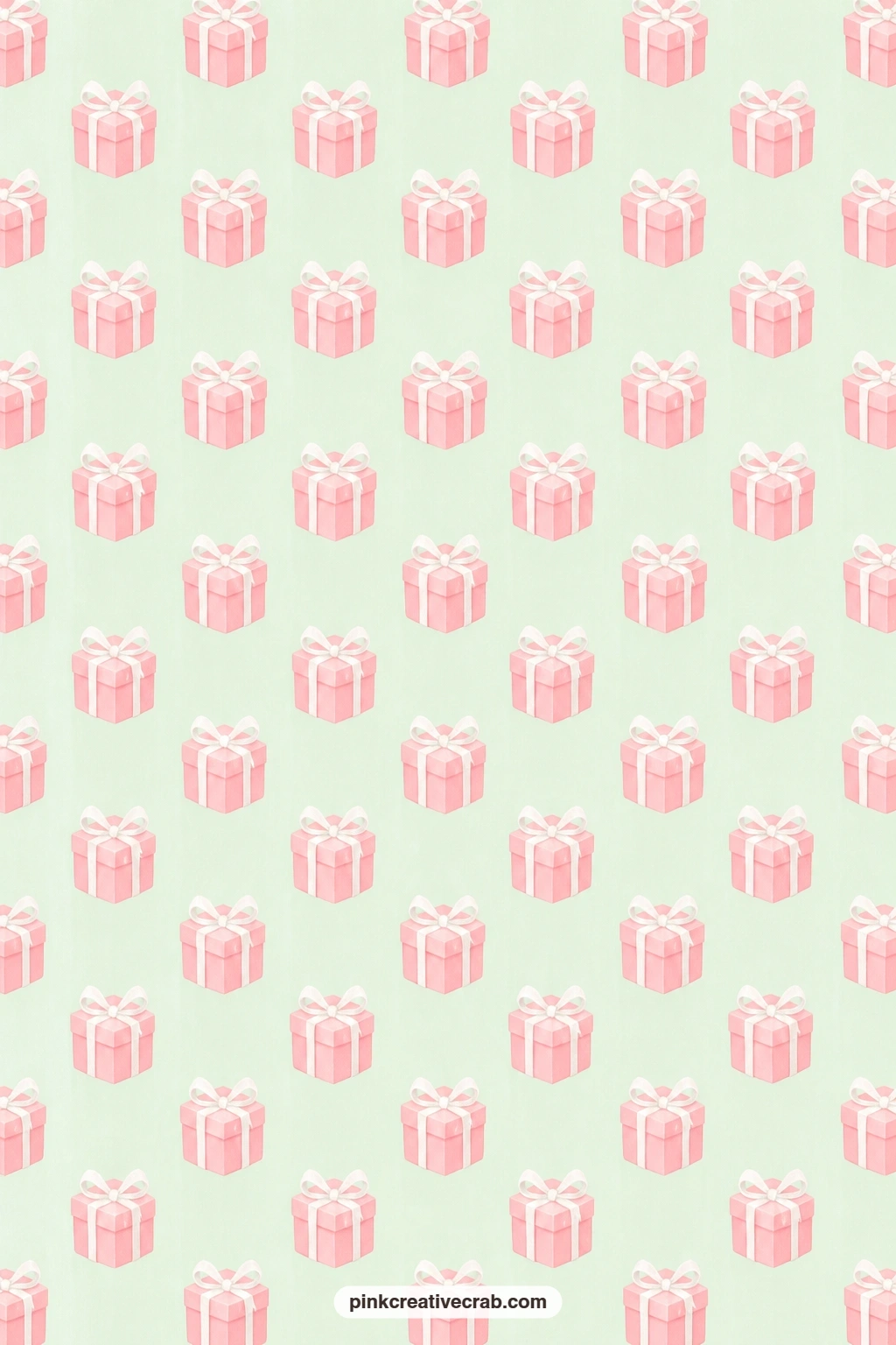 Pink Present Ribbon Paper printable page — Pink presents tied with white ribbon repeat across pale mint, a natural choice for wrapping the gift itself rather