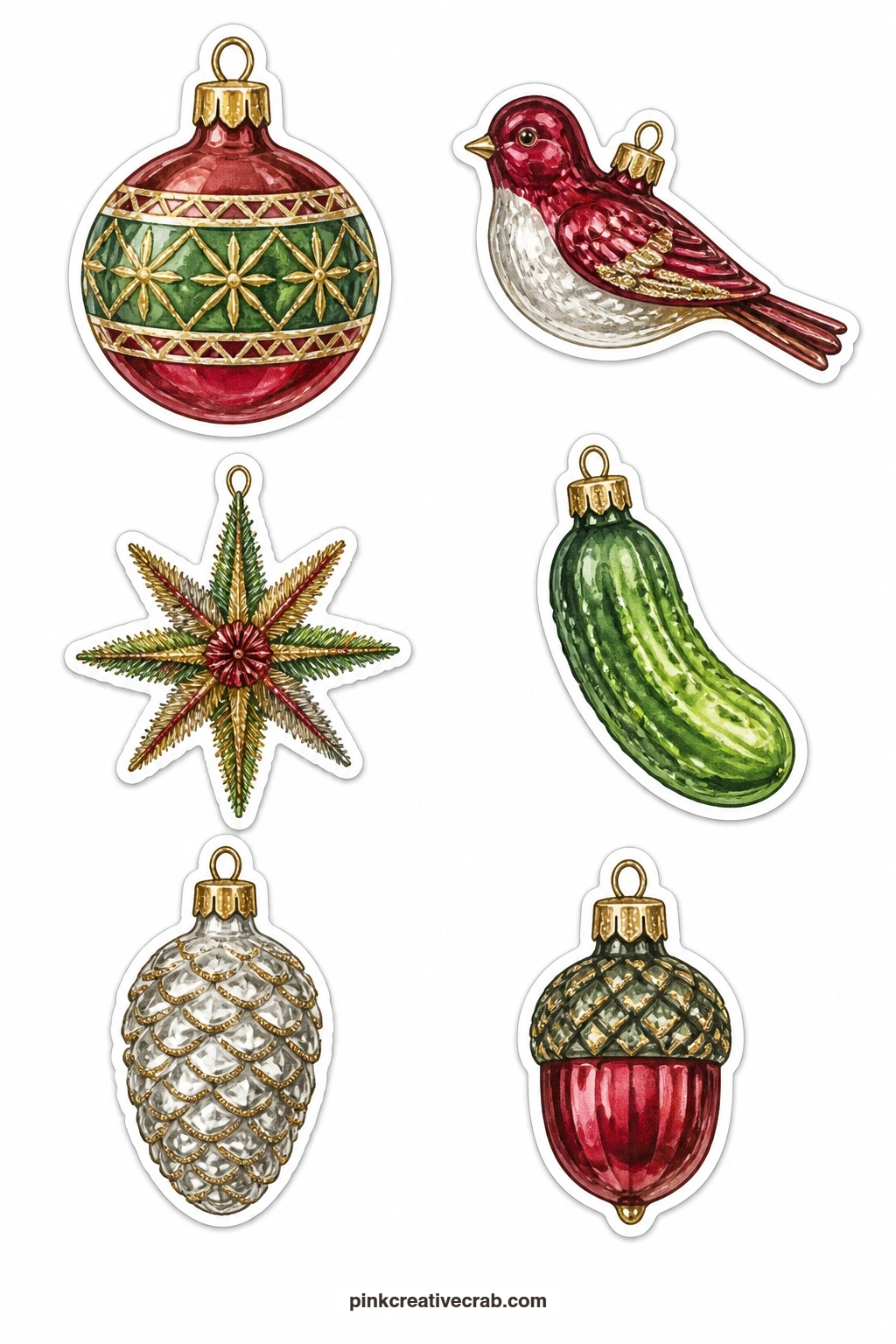 Glass Ornaments Stickers printable page — Six blown glass treasures sit together on this sheet: a glass kugel, a blown glass bird, a tinsel star, a glass