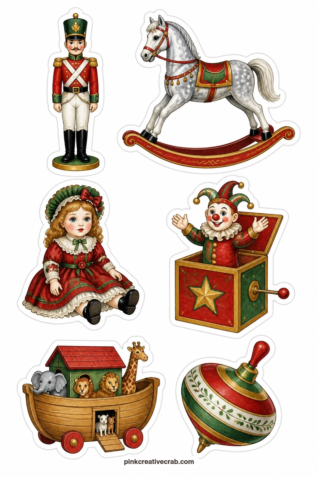 Antique Toys Stickers printable page — A tin soldier, a dapple rocking horse, a porcelain doll, a jack in the box, a wooden ark and a spinning top fill this