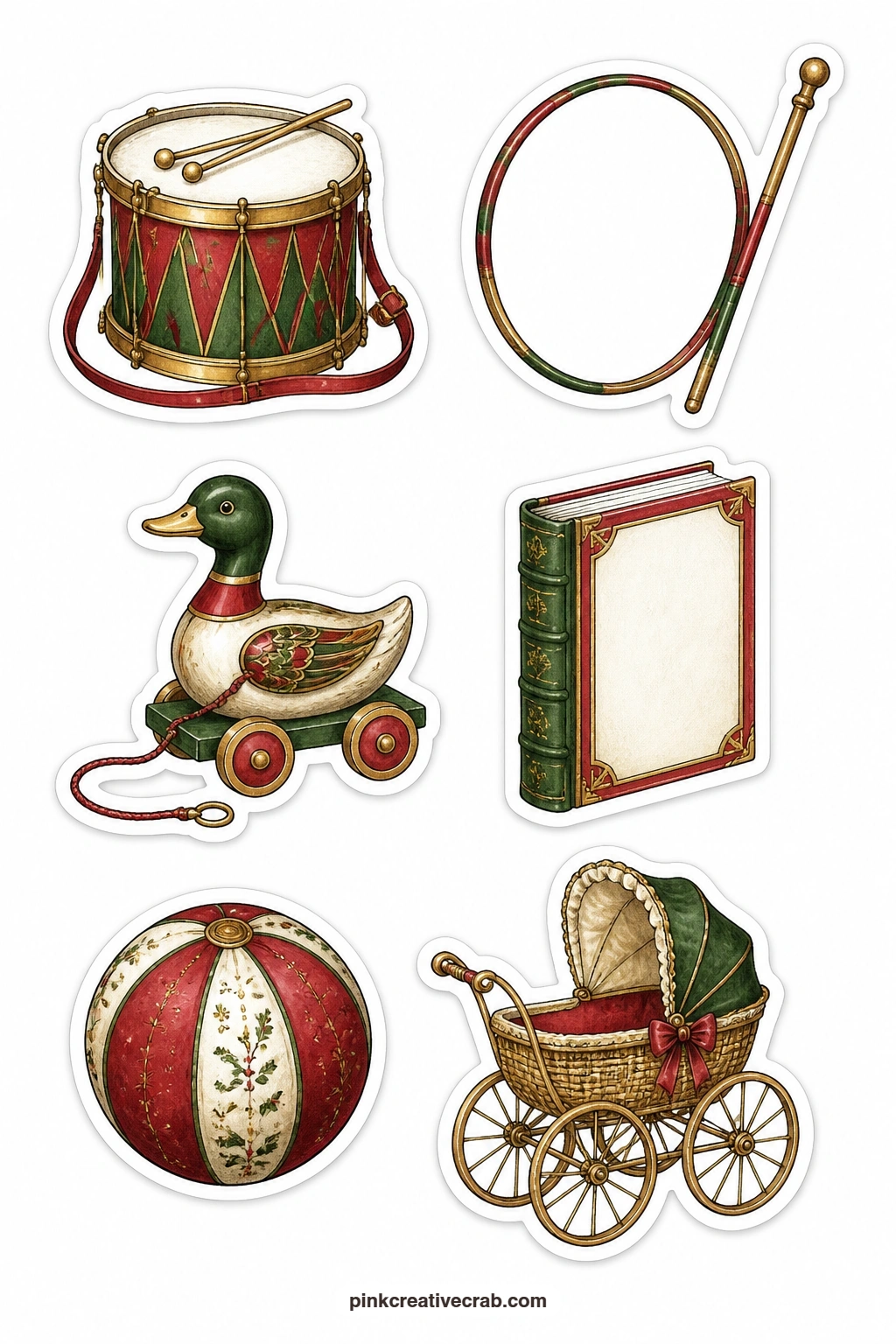 Victorian Nursery Stickers printable page — Leave the thin white border around each piece when you cut this sheet apart, especially around the hoop and stick