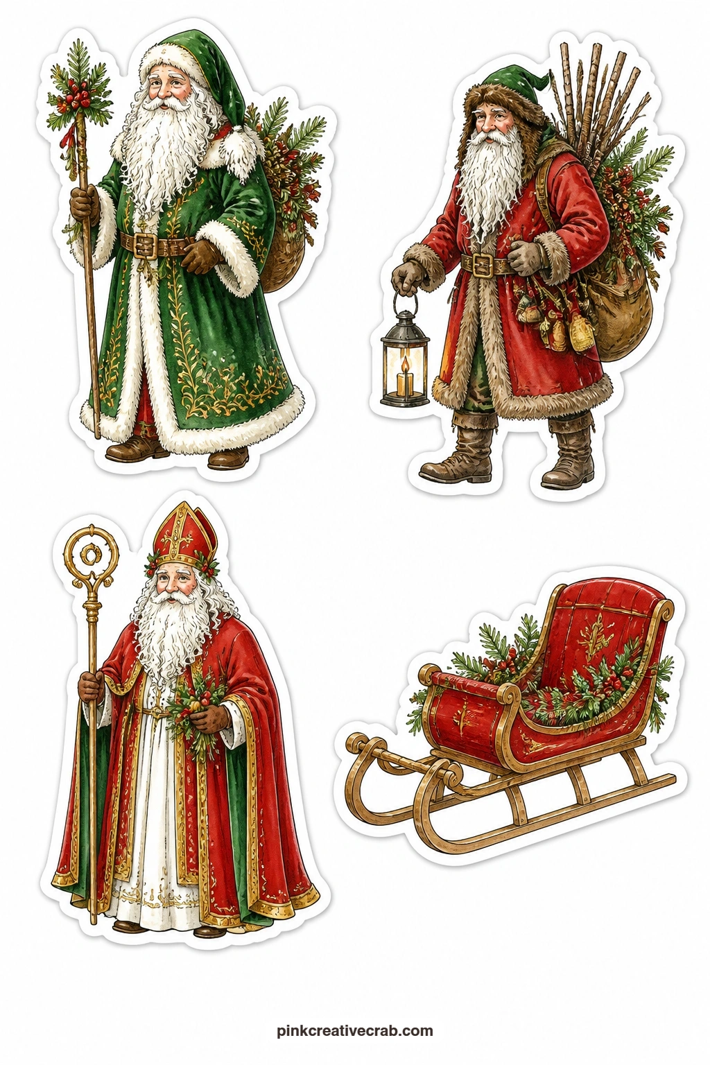 Old Father Christmas Stickers printable page — Four figures from an older, quieter Christmas tradition appear here: a Father Christmas in a green robe, a