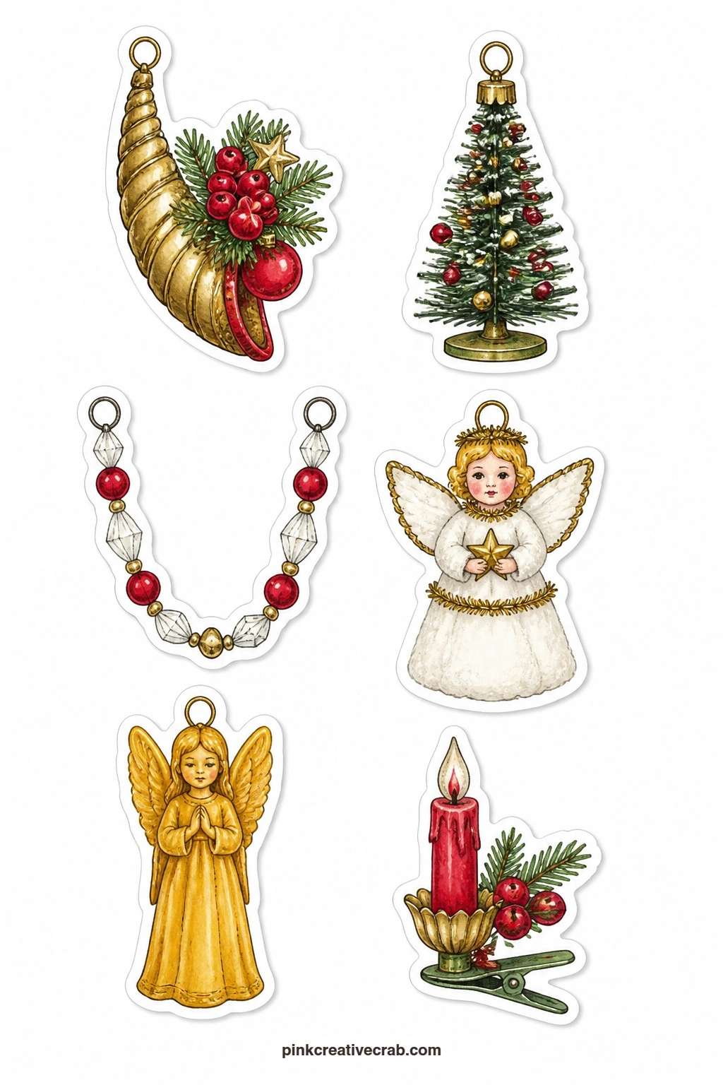 Parlor Tree Trimmings Stickers printable page — A paper cornucopia, a feather tree, a string of glass beads, a spun cotton angel, a wax angel and a tin candle