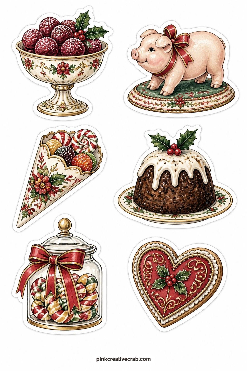 Victorian Sweets Stickers printable page — A sugar plum dish, a marzipan pig, a candy cone, a plum pudding, a ribbon candy jar and a gingerbread heart sit on