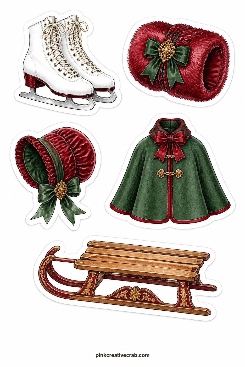 Old Fashioned Skating Stickers printable page — Five minutes is enough to turn this sheet into a finished card: cut out the fur muff and the lace-up skates
