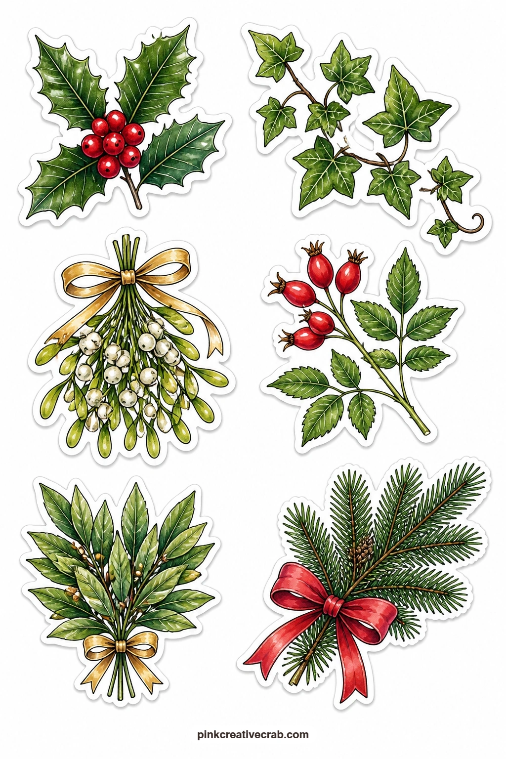 Holly and Ivy Stickers printable page — A holly sprig, an ivy trail, a mistletoe ball, a rosehip cluster, a laurel bunch and a pine bough with a ribbon give