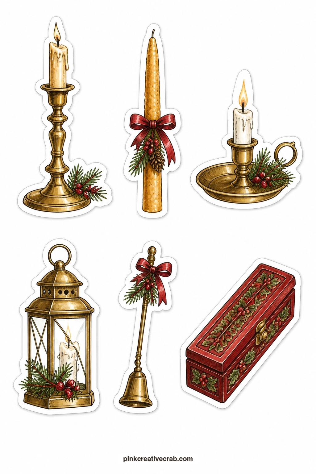Candlelight Stickers printable page — A craft knife helps most on this sheet, since the brass candlestick and the chamberstick both have narrow stems that