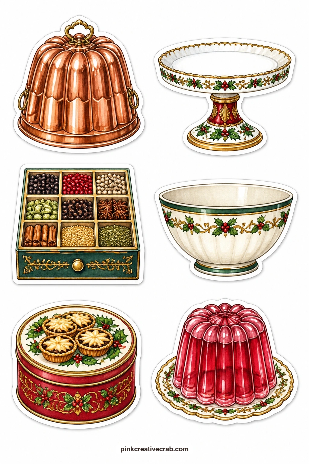 Victorian Kitchen Stickers printable page — Six kitchen pieces fill this sheet: a copper pudding mold, a cake stand, a spice box, a mixing bowl, a tin of mince