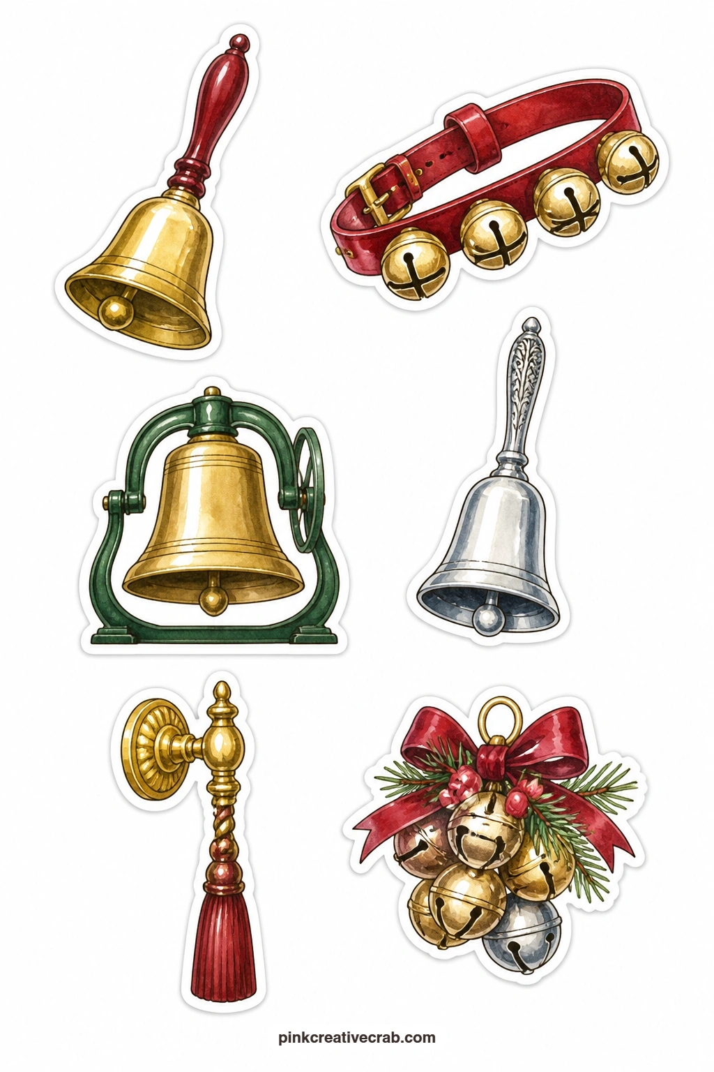 Parlor Bells Stickers printable page — A brass hand bell, a sleigh bell strap, a church bell, a silver bell, a bell pull and a cluster of jingle bells give the