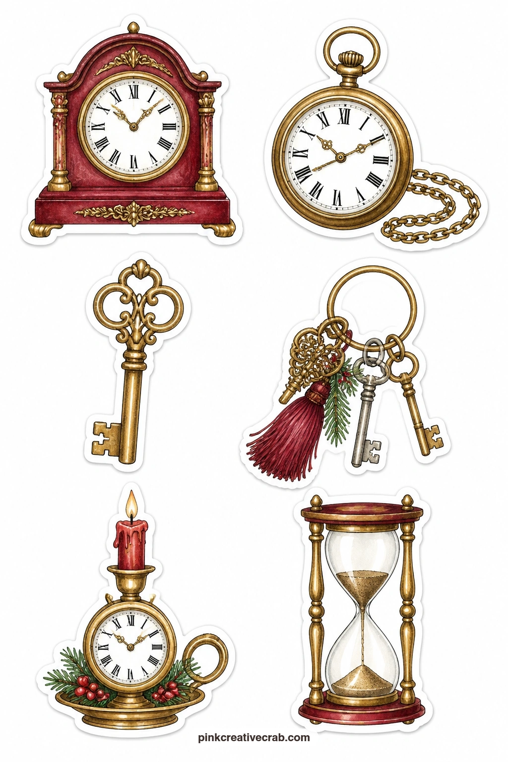 Christmas Eve Clocks and Keys Stickers printable page — A mantel clock, a pocket watch, a brass key, a key ring, a candle clock and an hourglass suit a