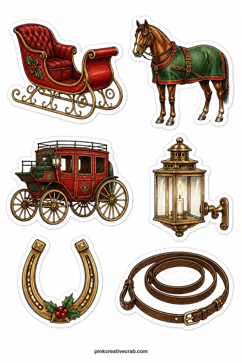 Old Sleighs and Coaches Stickers printable page — Pair this sheet with the Parlor Bells Stickers above for a travel-and-sound theme, since a horse in a blanket