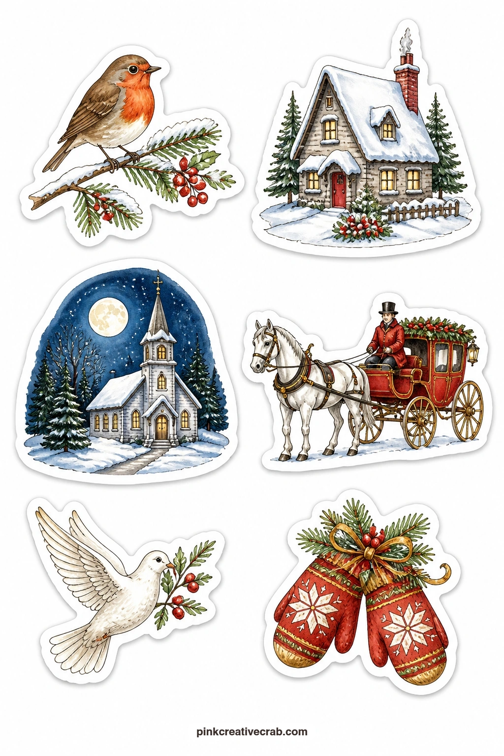 Old Christmas Card Motifs Stickers printable page — A robin on a snowy branch, a cottage in snow, a church in moonlight, a horse drawn coach, a dove and a pair