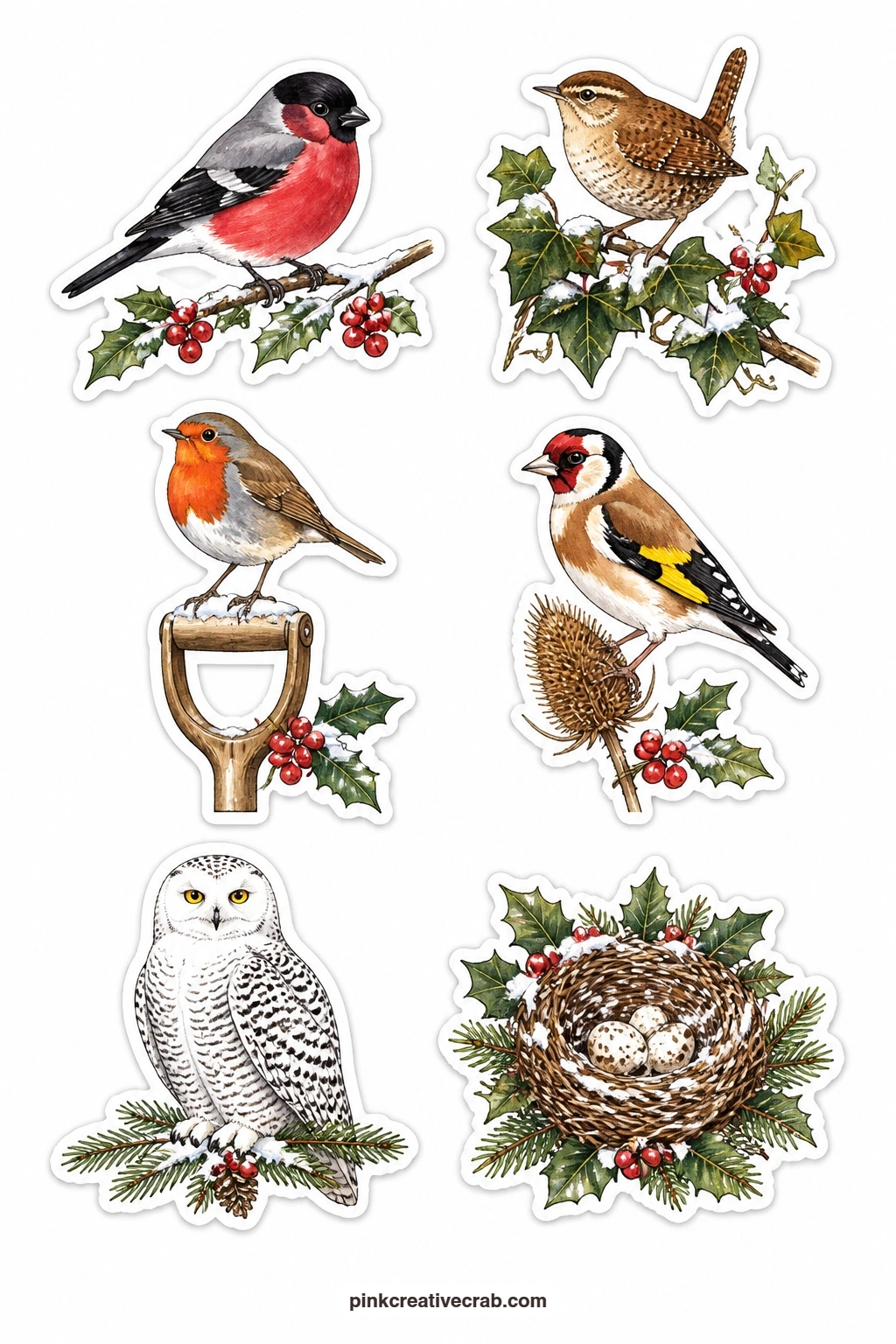 Winter Birds in Old Style Stickers printable page — Six garden birds sit on this sheet drawn in an old-fashioned style: a bullfinch, a wren on ivy, a robin on
