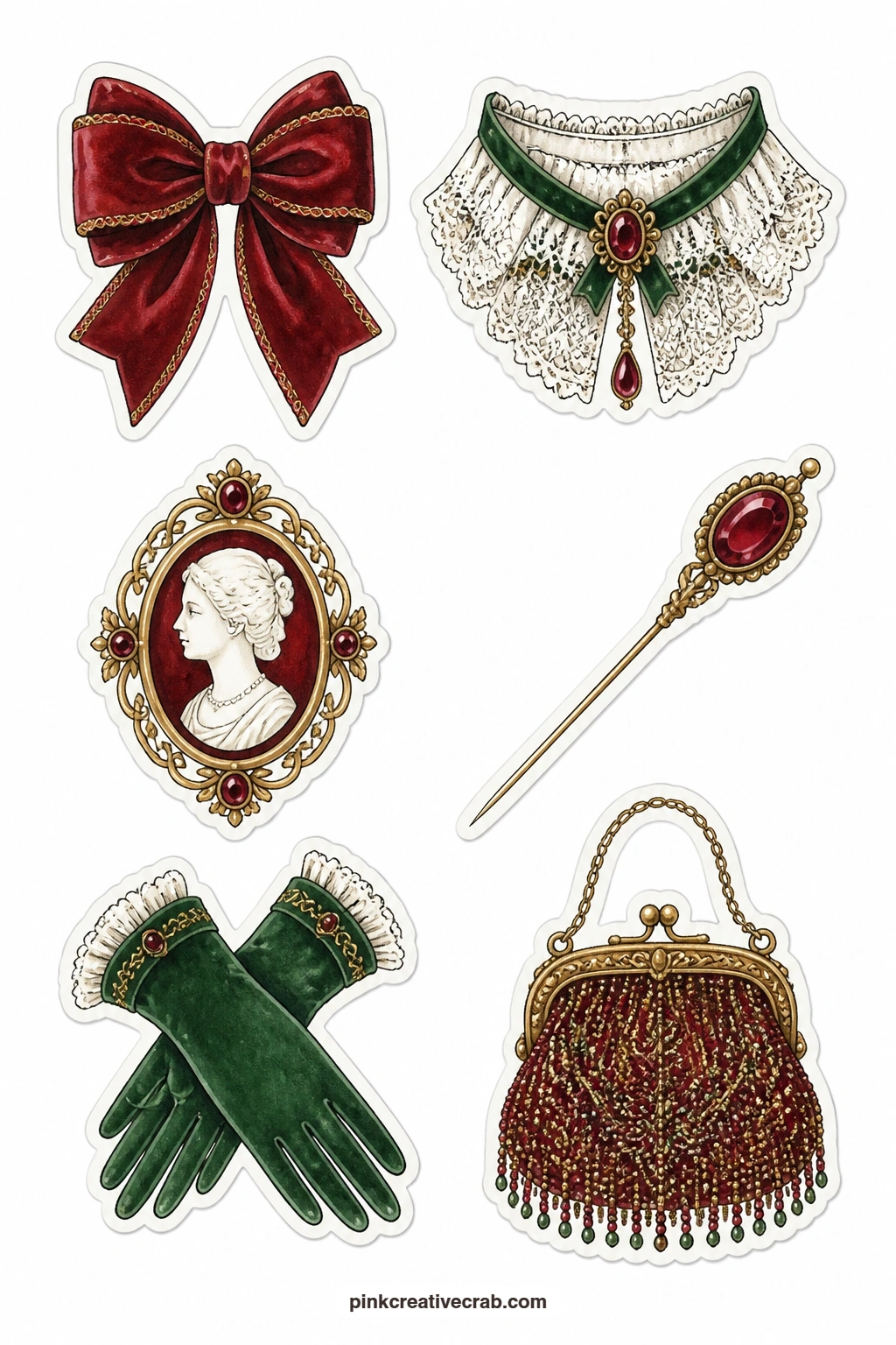 Velvet and Lace Stickers printable page — A velvet bow, a lace collar, a cameo brooch, a hat pin, a pair of gloves and a beaded purse bring a touch of