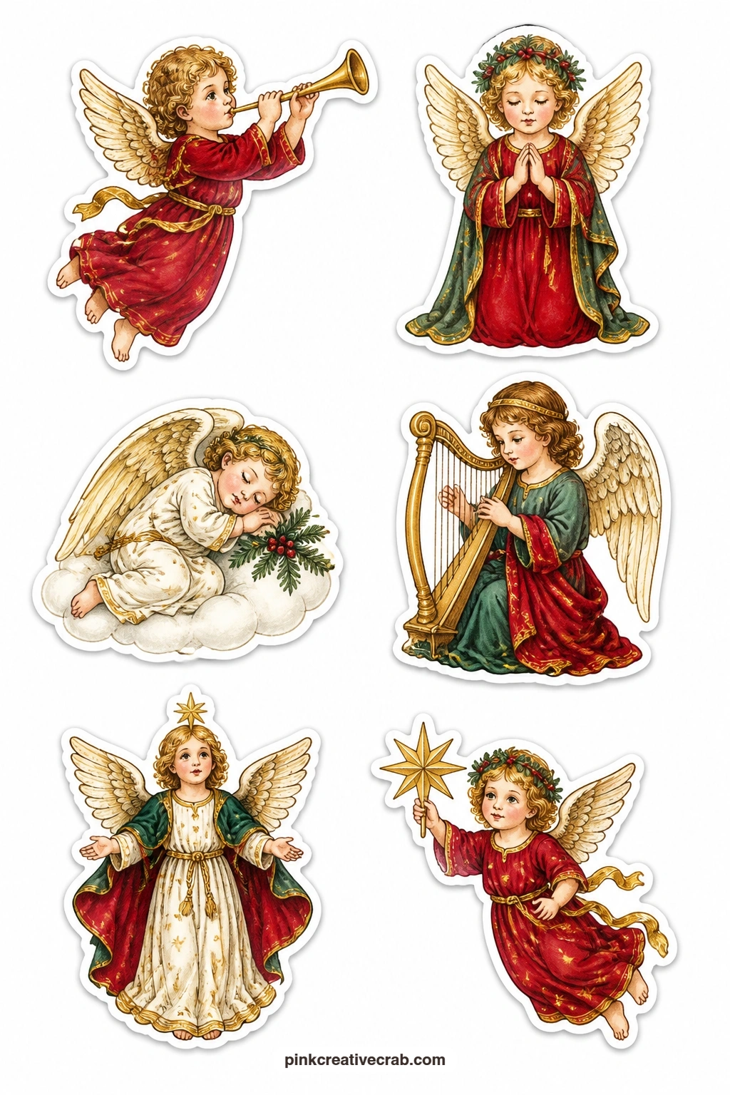 Antique Angels Stickers printable page — A cherub with a trumpet, a praying angel, a sleeping cherub, an angel with a harp, an angel tree topper and a star