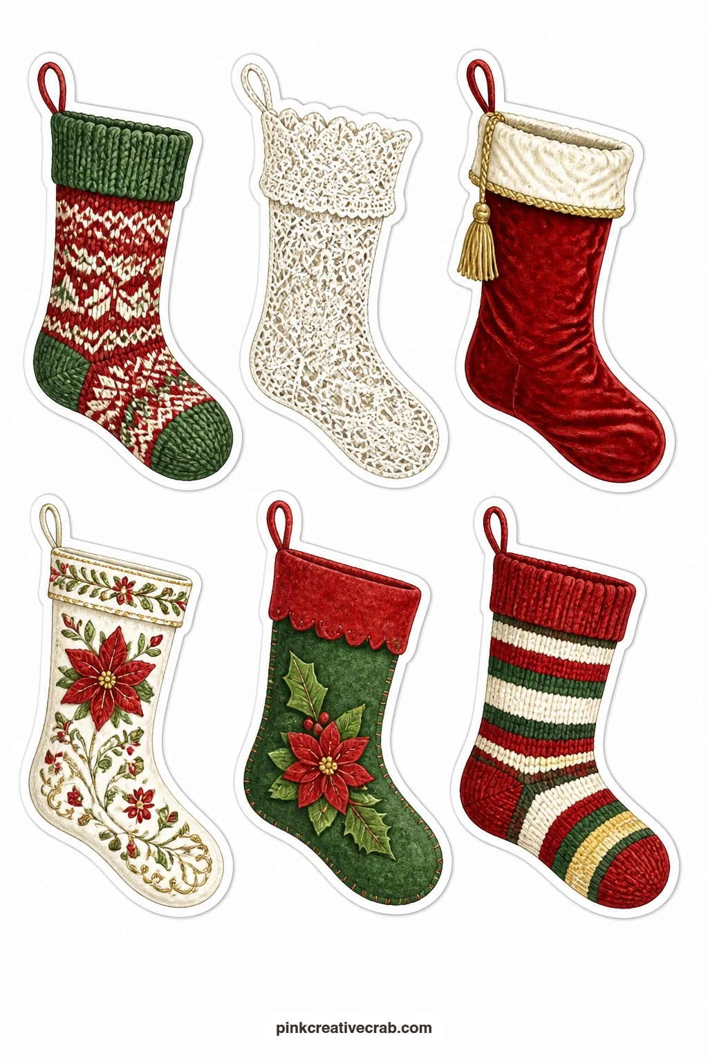 Christmas Stockings of the Past Stickers printable page — Six stockings fill this sheet in six different materials: a knitted stocking, a lace stocking, a