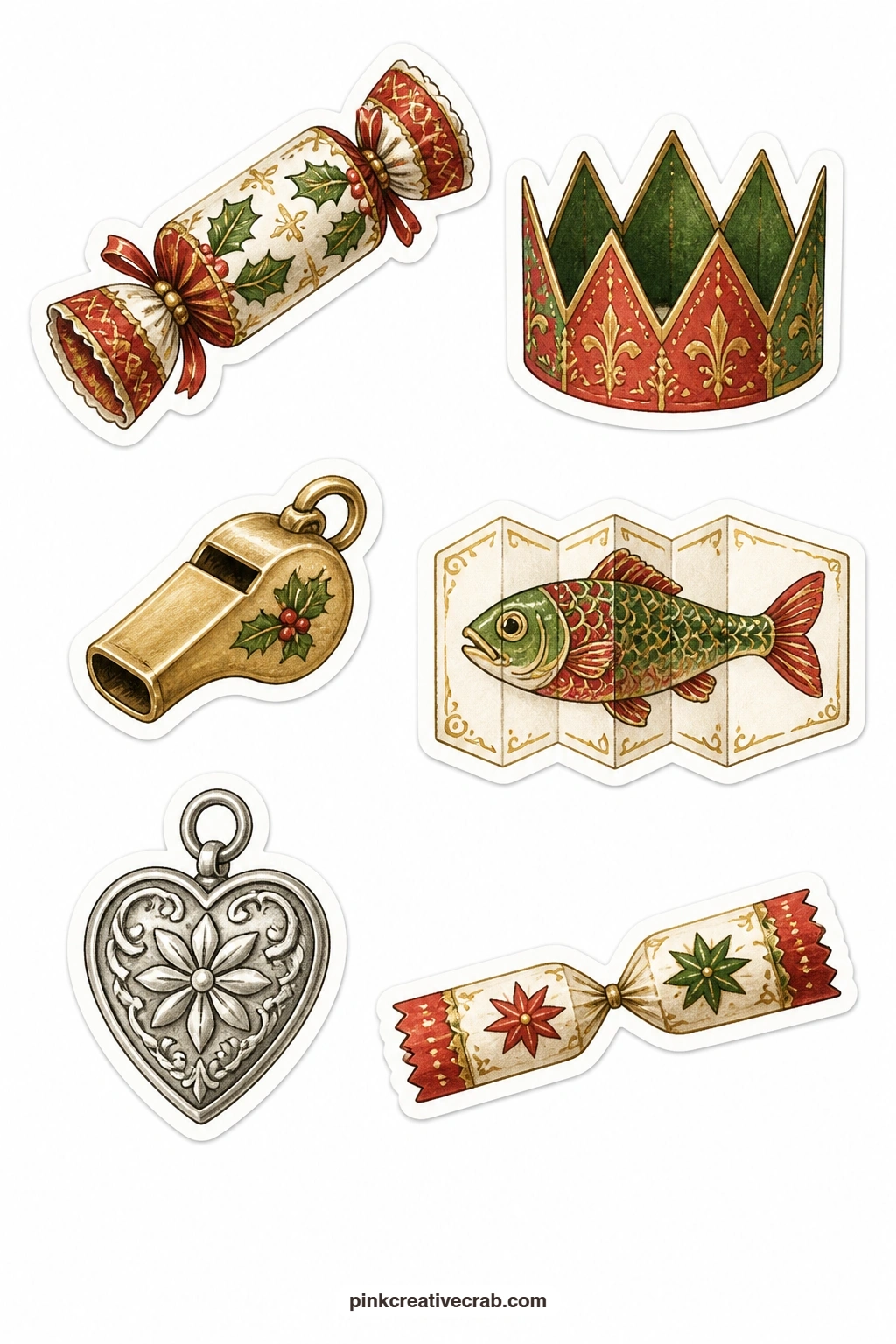 Victorian Crackers and Favors Stickers printable page — A paper cracker, a paper crown, a tiny whistle, a fortune fish, a silver charm and a cracker snap round