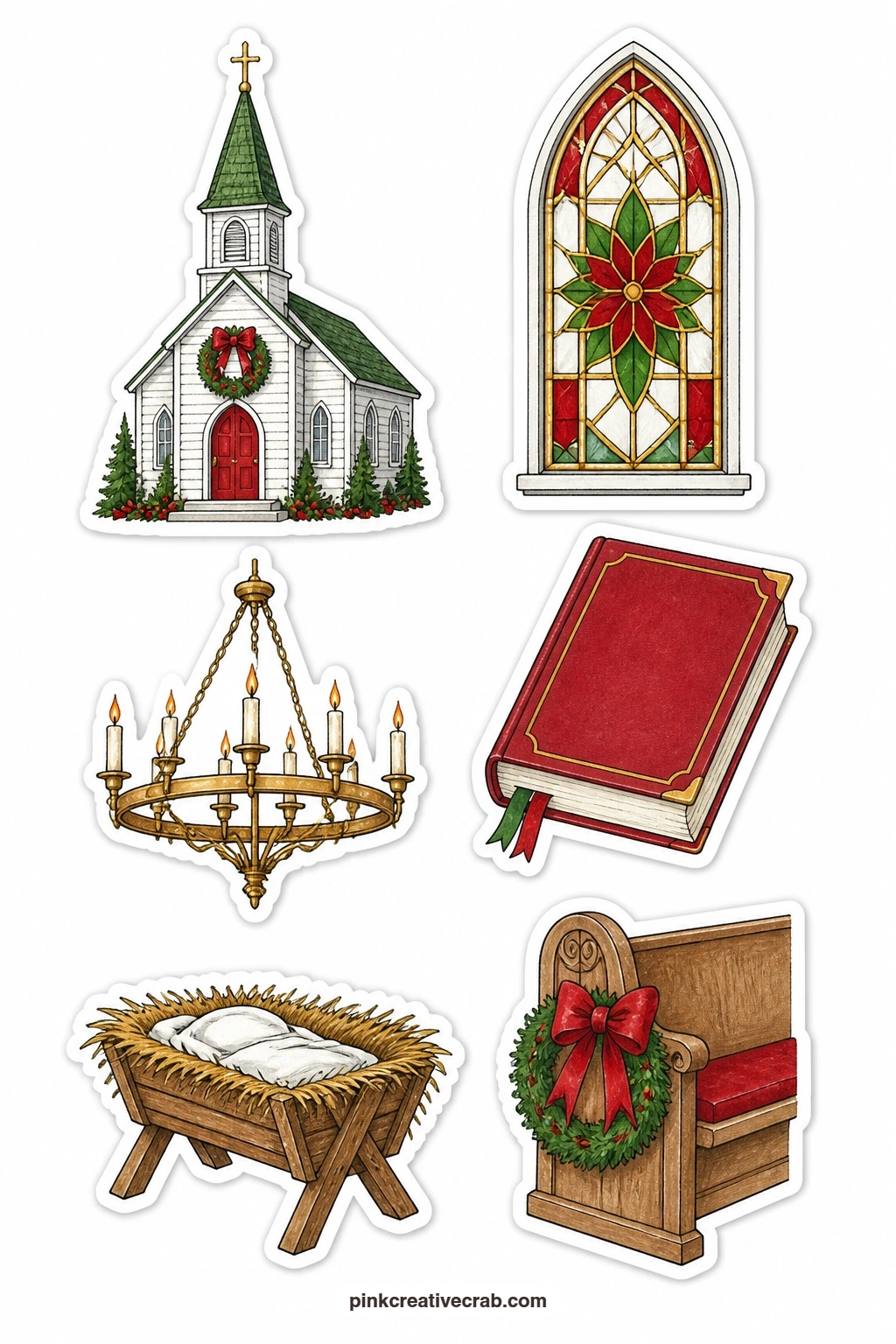 The Church at Christmas Stickers printable page — A chapel with a steeple, a stained glass window, a candle chandelier, a hymnal with a blank cover, a manger