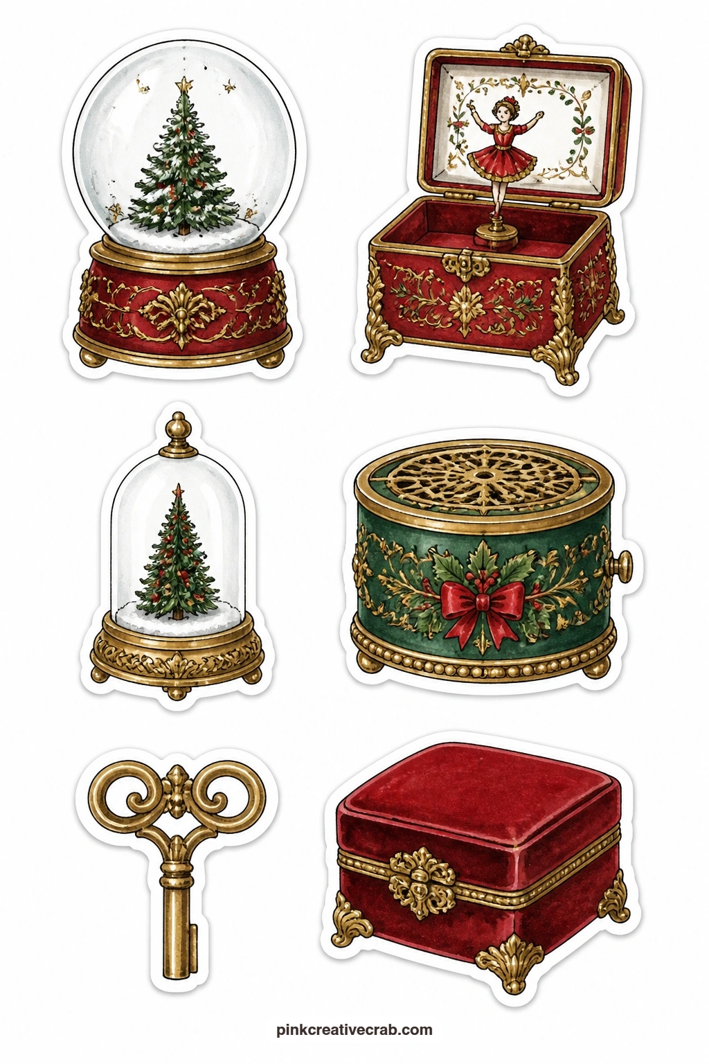 Snow Globes and Music Boxes Stickers printable page — The last sheet in the set closes it with six wintry collectibles: a glass snow globe, a carved music box