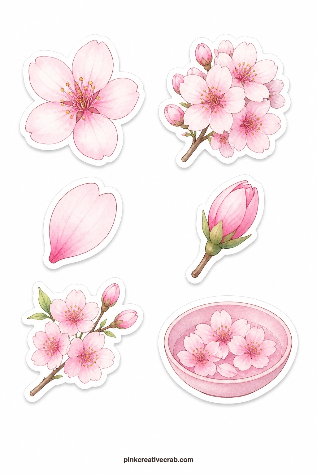 Cherry Blossom Stickers printable page — Six soft pink pieces trace one sakura branch from bud to bowl: a single cherry blossom, a cluster of blooms, one loose