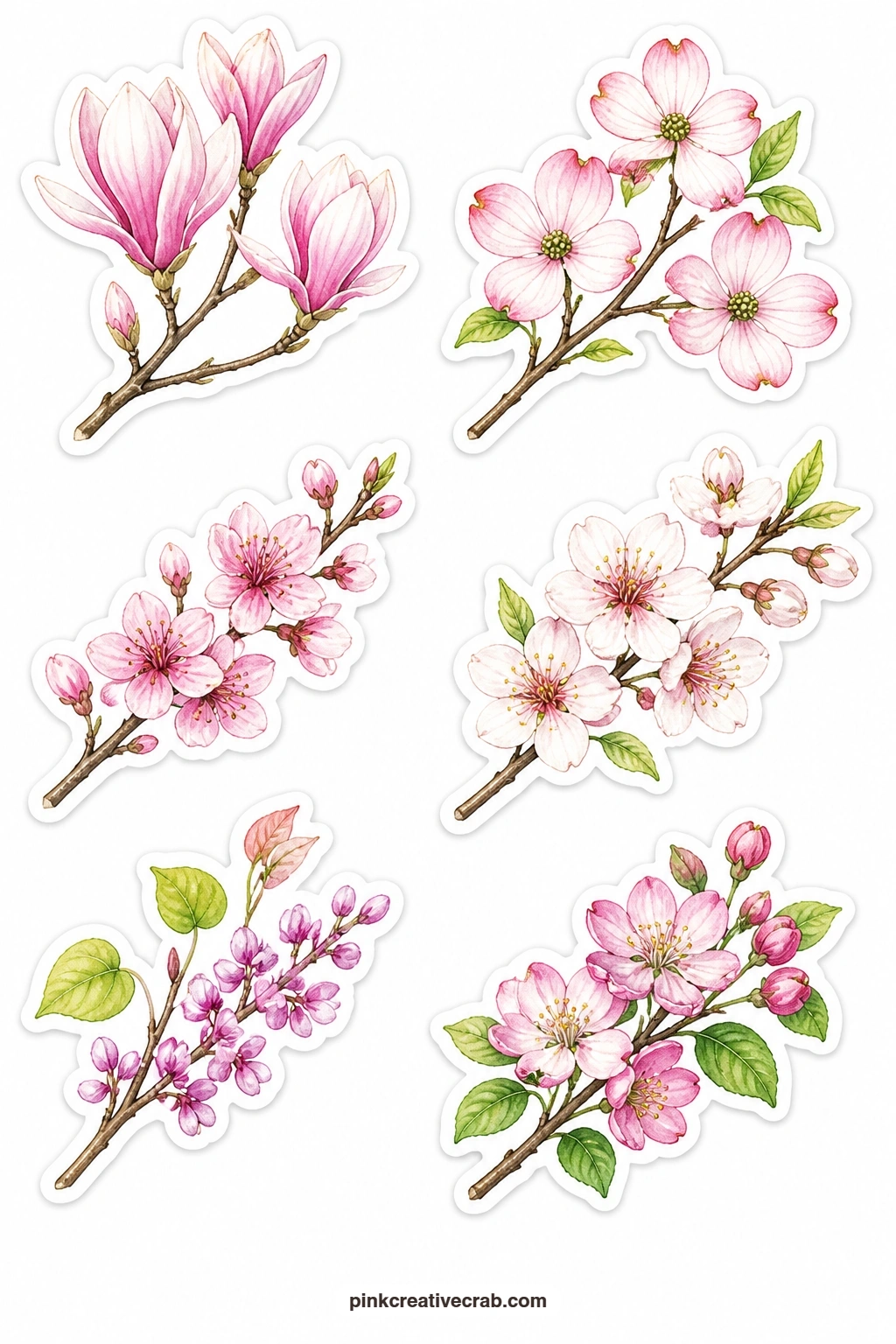 Spring Trees Stickers printable page — A magnolia branch, pink dogwood, peach blossom branch, almond branch, redbud twig and crabapple blossom bring six