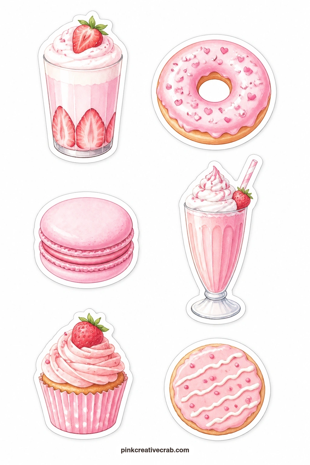Pink Cafe Stickers printable page — A strawberry latte, pink donut, pink macaron, pink milkshake, pink cupcake and pink cookie fill this sheet with six treats