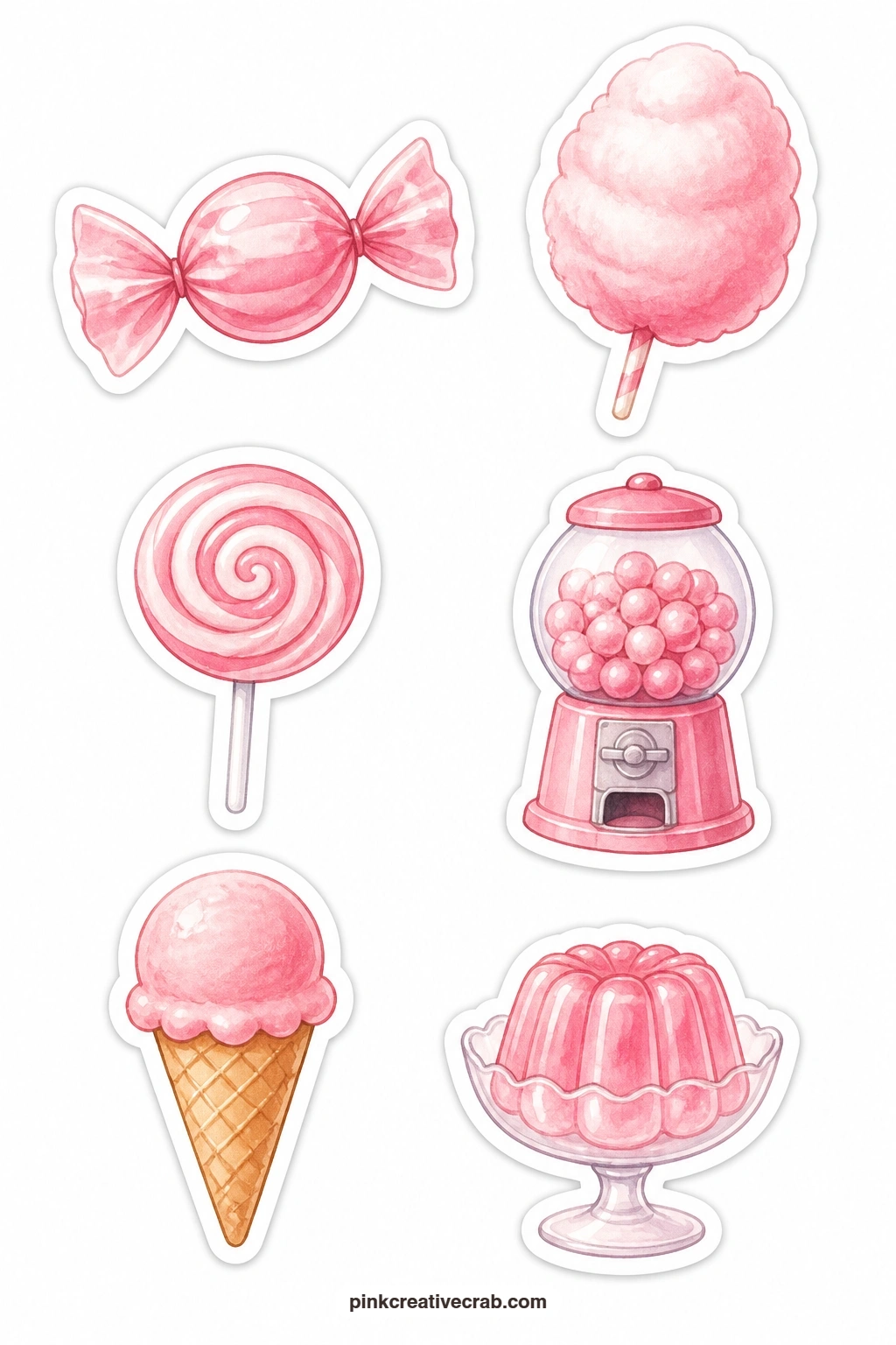 Pink Sweets Stickers printable page — Pink candy, cotton candy, a lollipop, a gumball machine, an ice cream cone and a scoop of jelly bring the sugar up a