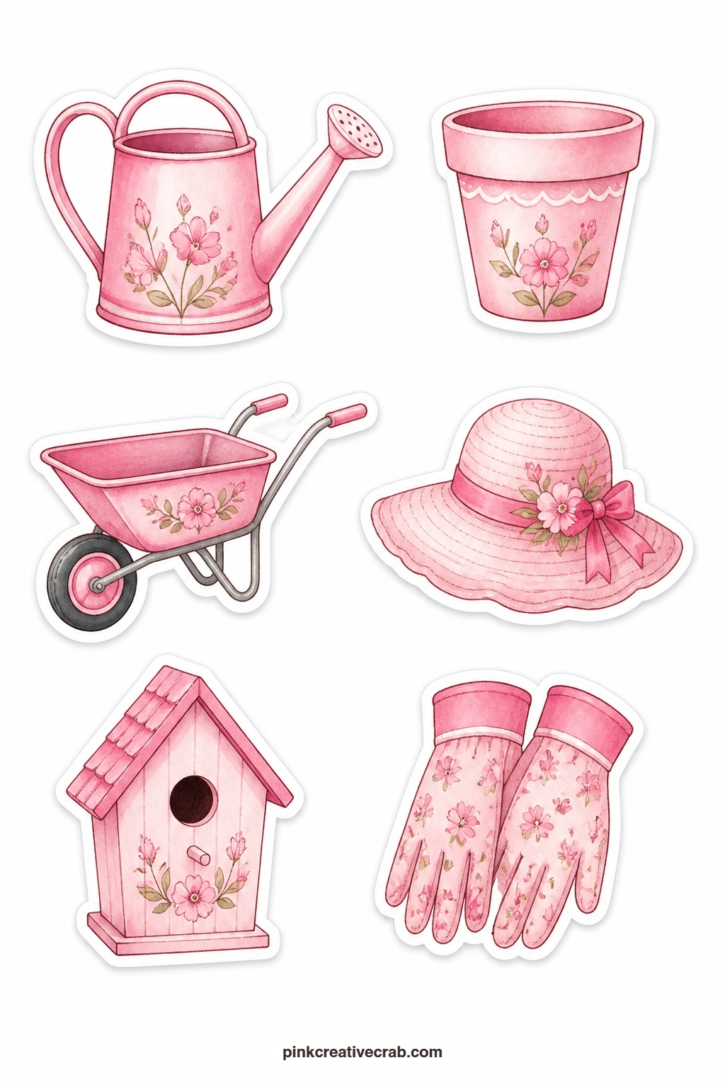 Pink Garden Stickers printable page — A watering can, flower pot, wheelbarrow, garden hat, birdhouse and a pair of gloves bring the gardening side of pink