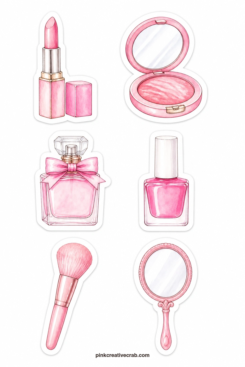 Pink Beauty Stickers printable page — A lipstick, blush compact, perfume bottle, nail polish, makeup brush and small hand mirror make up this vanity-table
